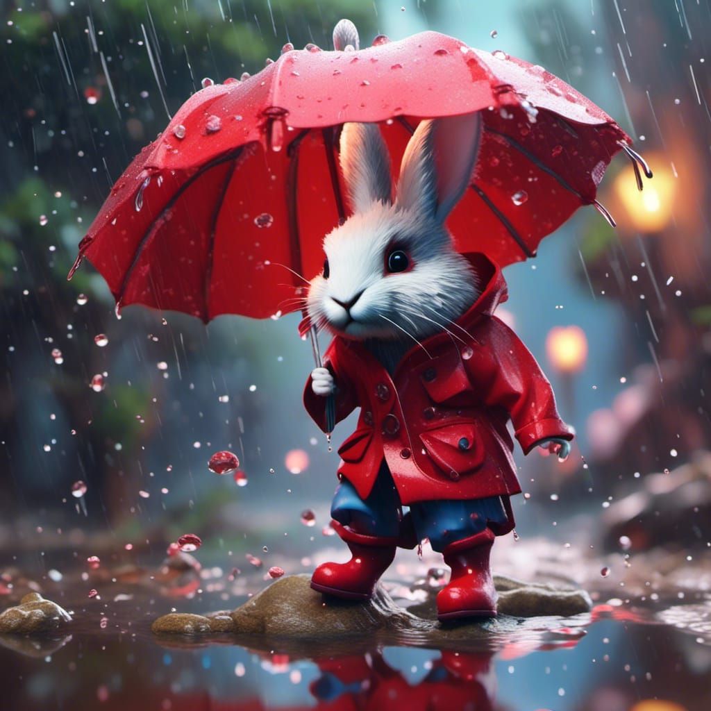 Rabbit in Red Raincoat Hiding from Rain