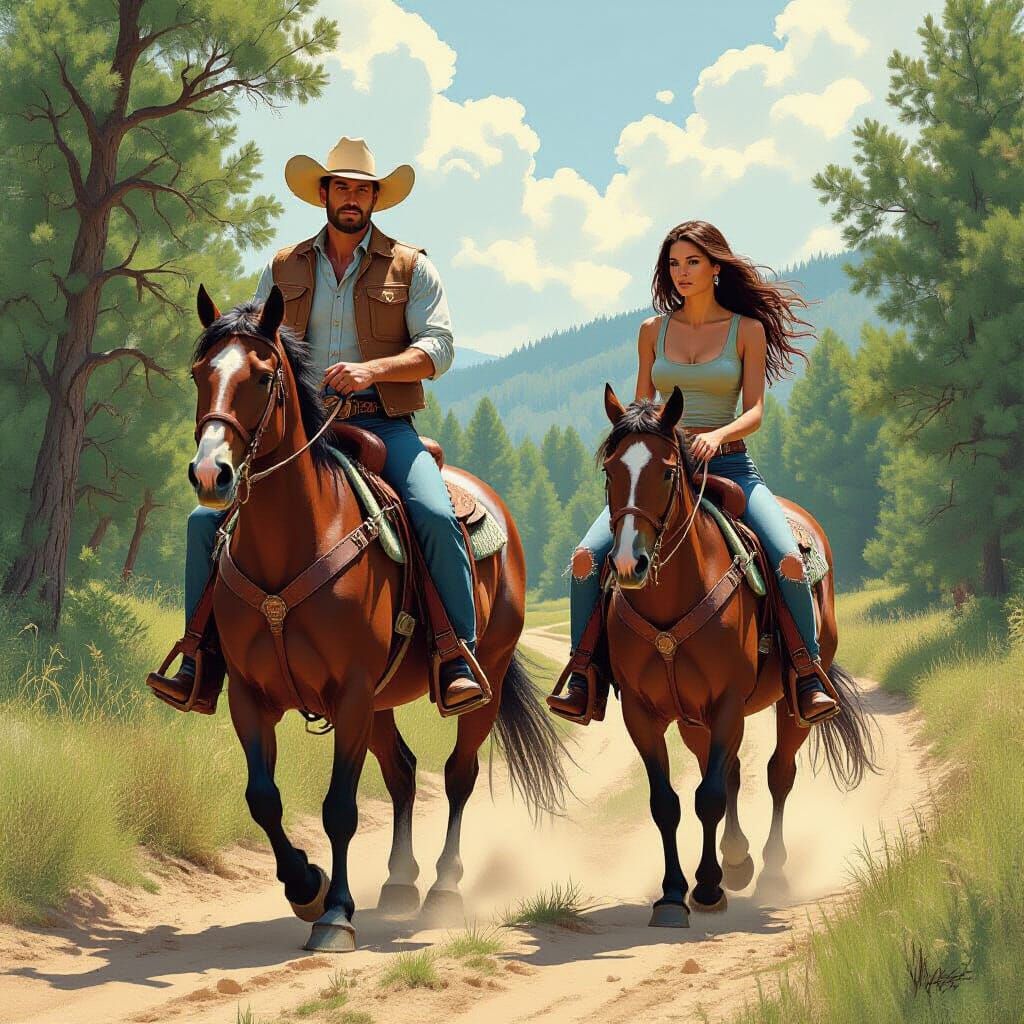 Cowboy and Cowgirl Ride Horses on Nature Trail