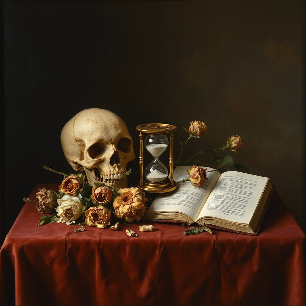Vanitas Still Life Painting with Skull and Hourglass