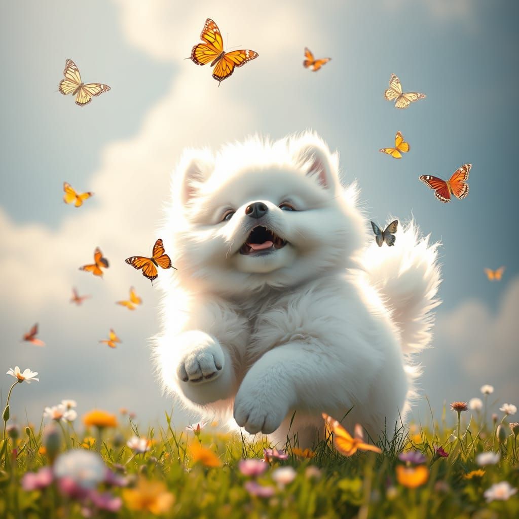 Cloud Puppy Chasing Butterflies in Meadow