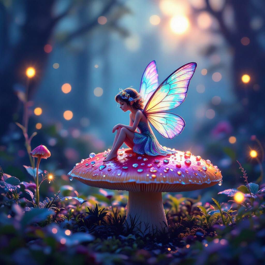 Tiny Fairy on Mushroom in Magical Forest