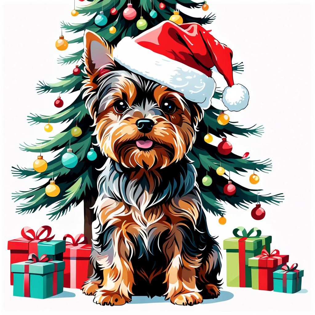 Whimsical Hand-Drawn Yorkshire Terrier in Santa Hat