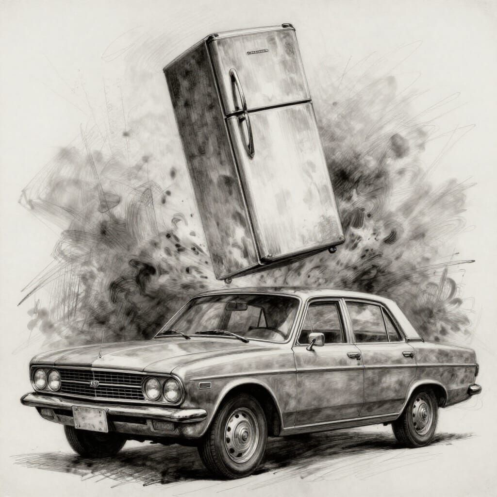 Vintage Refrigerator Leaps Over Classic Car in Charcoal