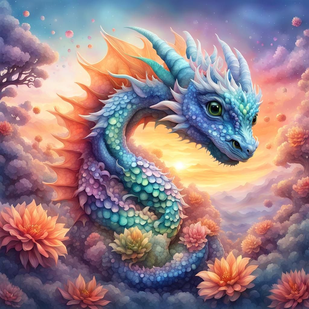 Cosmic Baby Dragon in Digital Watercolor Illustration
