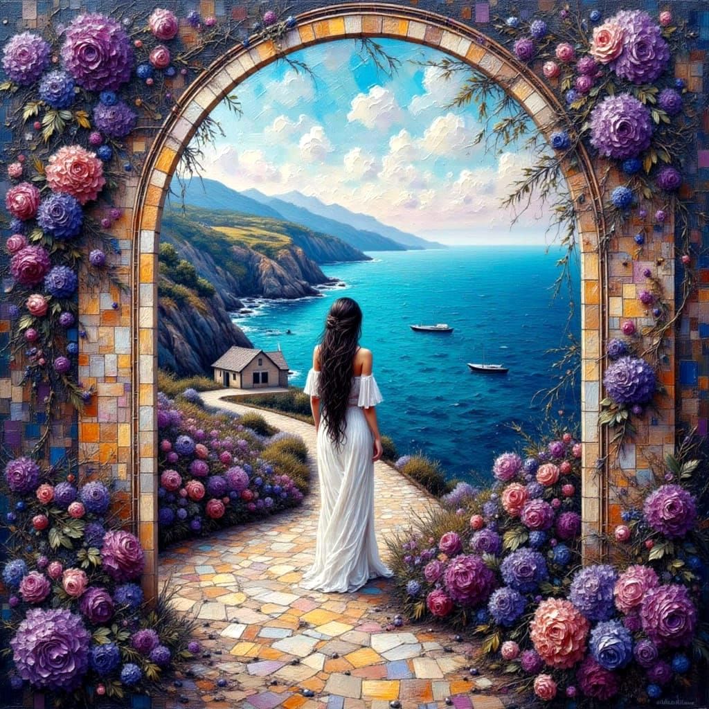 Woman on Coastal Path: Impasto Oil Painting