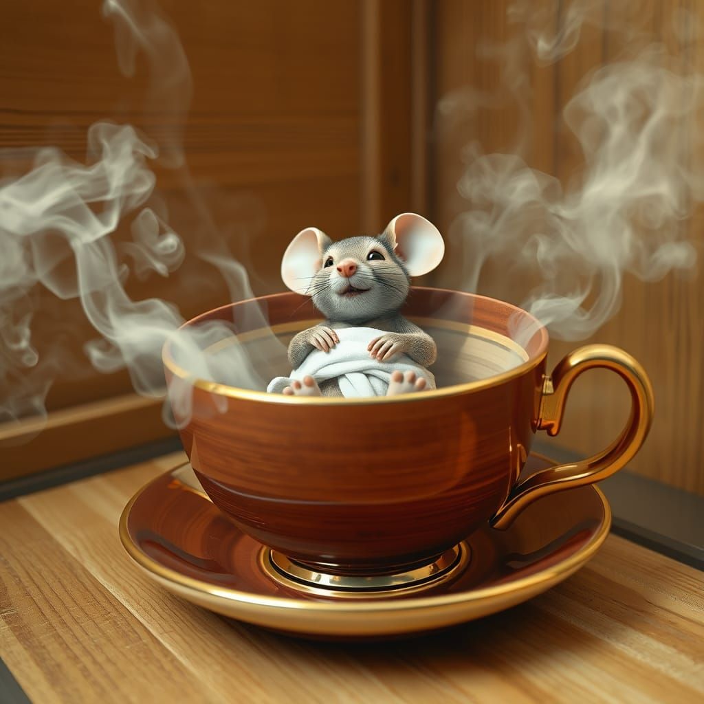 Mouse in Teacup Sauna: Cartoon Relaxation