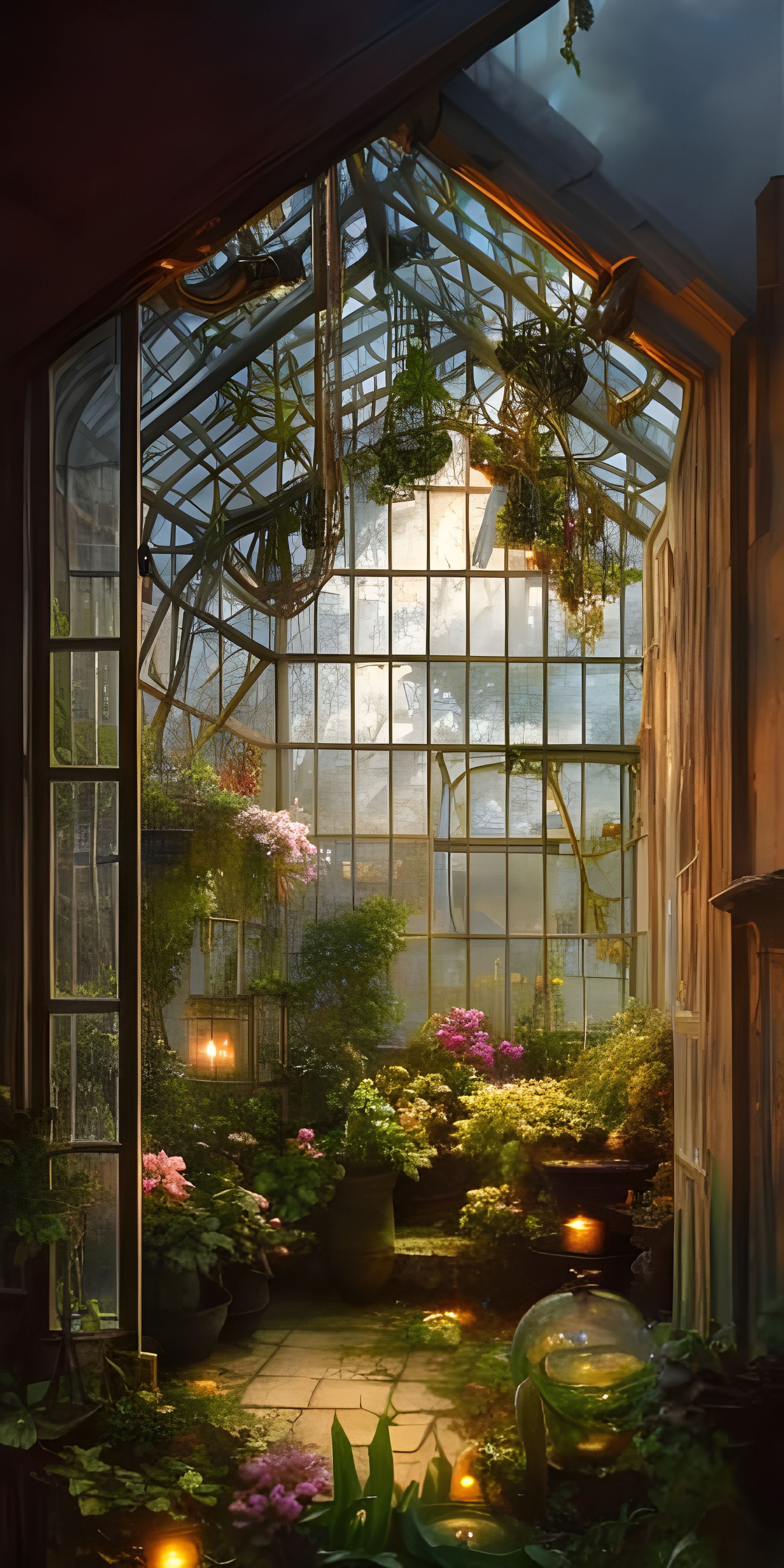 Glowing Greenhouse Garden: Fantasy Illustration