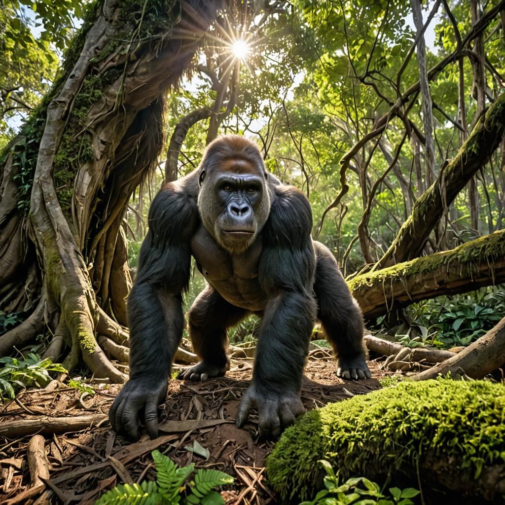 Rugged Gorilla in Emerald Jungle: Cinematic Photography