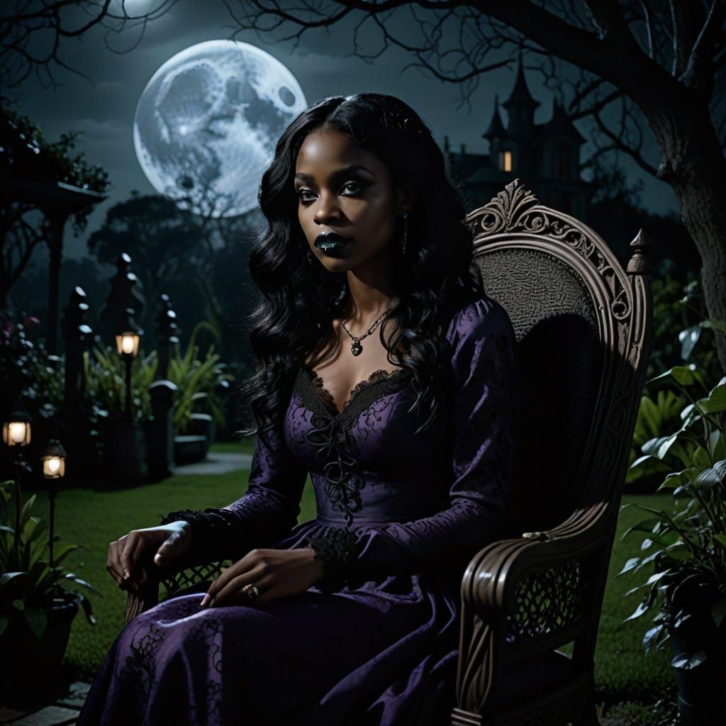 Gothic Woman in Moonlight Garden