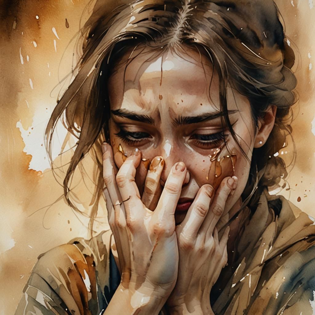 Expressive Watercolor Portrait of a Sad Woman
