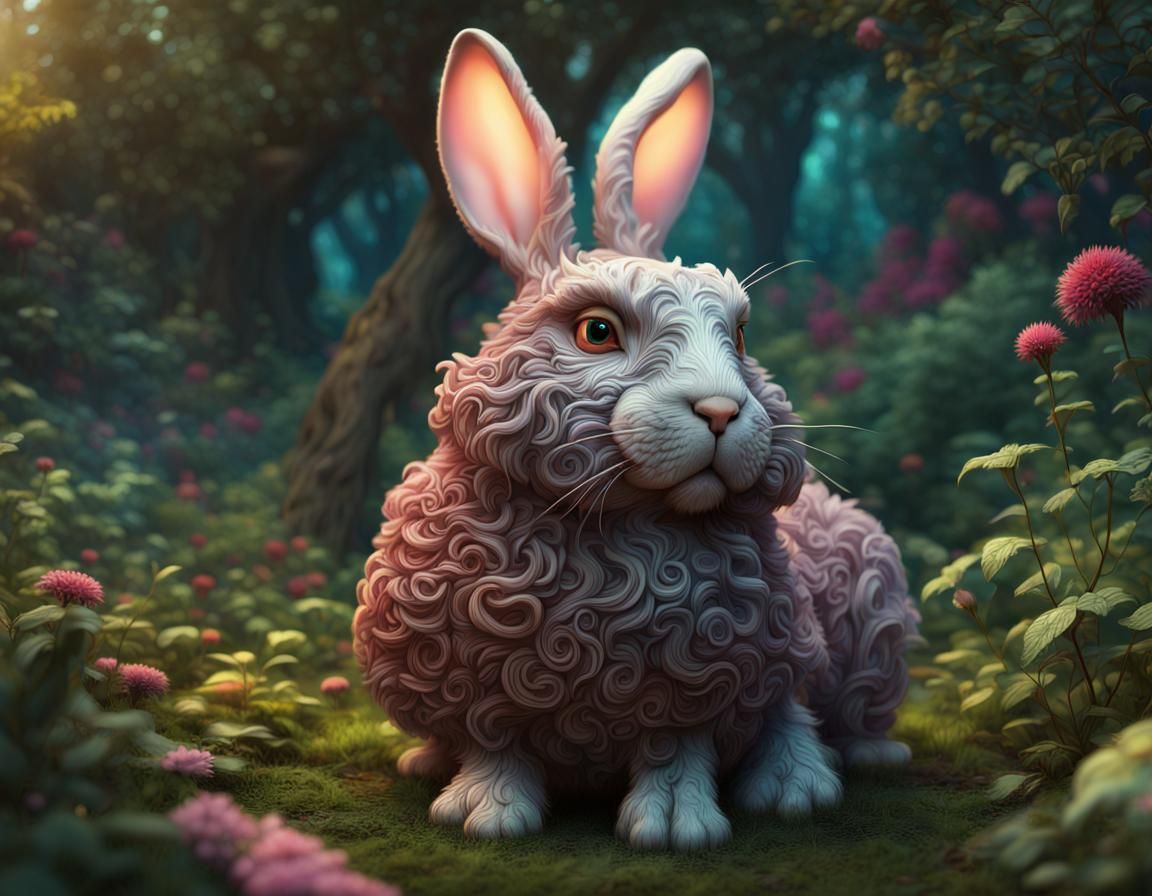 Detailed 3D Rabbit in Colorful Garden Woods