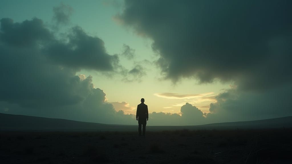 Lone Figure on Desolate Plain Under Stormy Sky