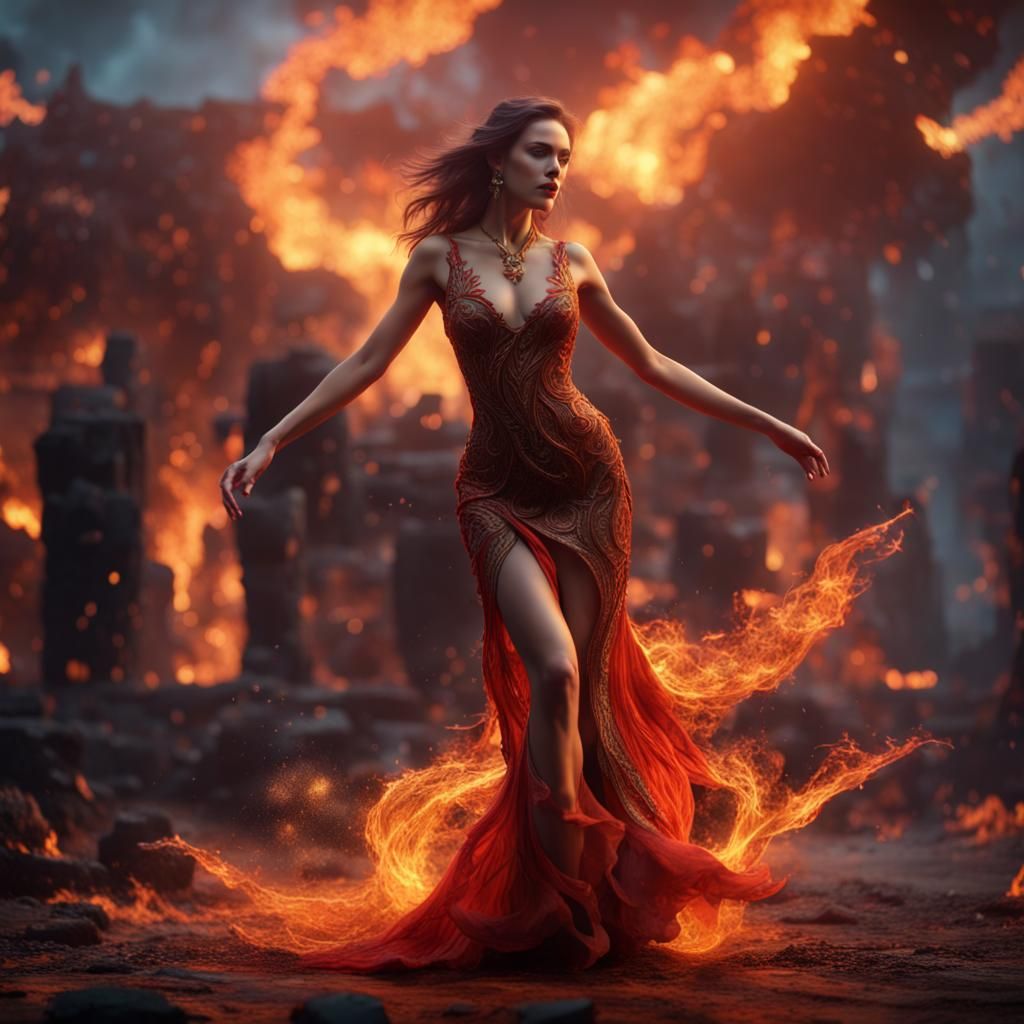 Woman Dancing in Fire Dress, Detailed Fantasy Art