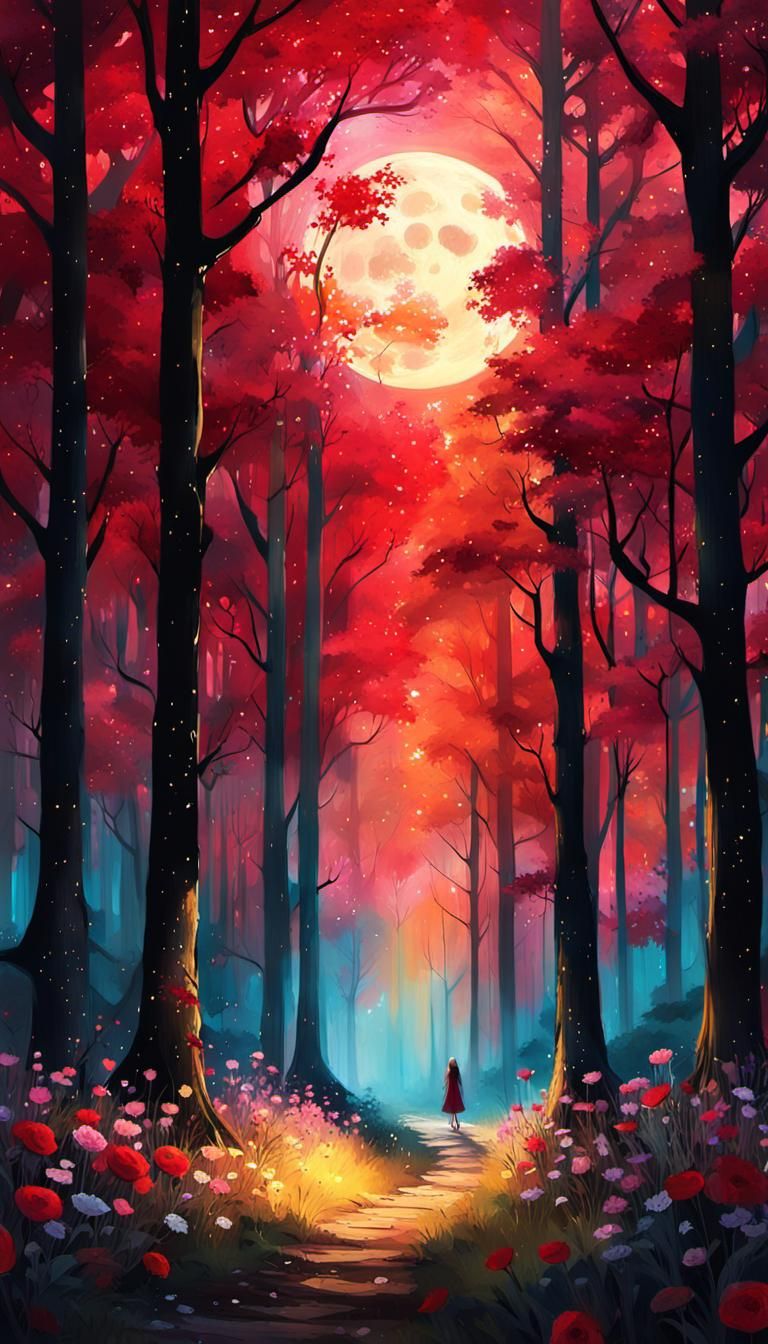 Mystical Forest Glade at Sunset in Digital Painting