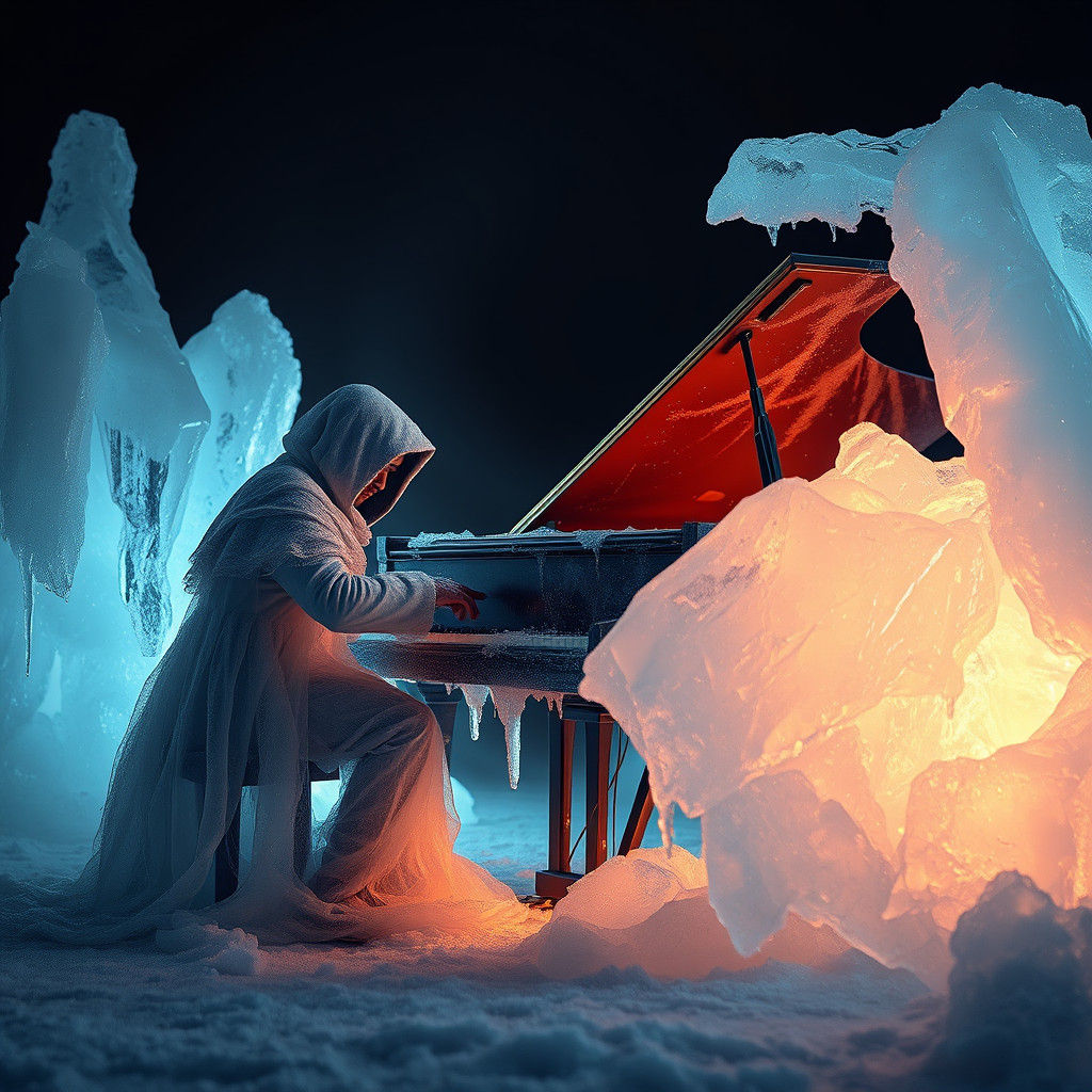Icy Pianist in a Mysterious, Dark Scene