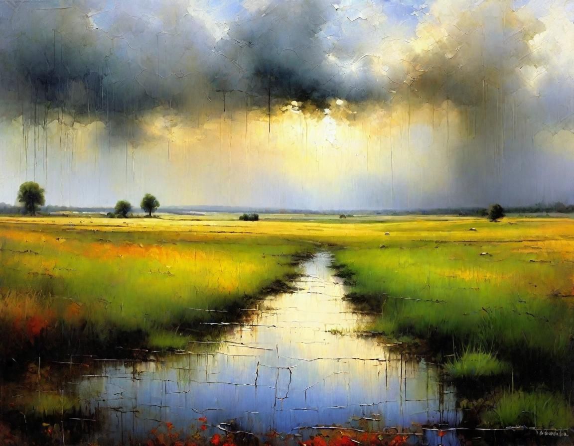 Rainy Meadow Painting with Distressed Texture