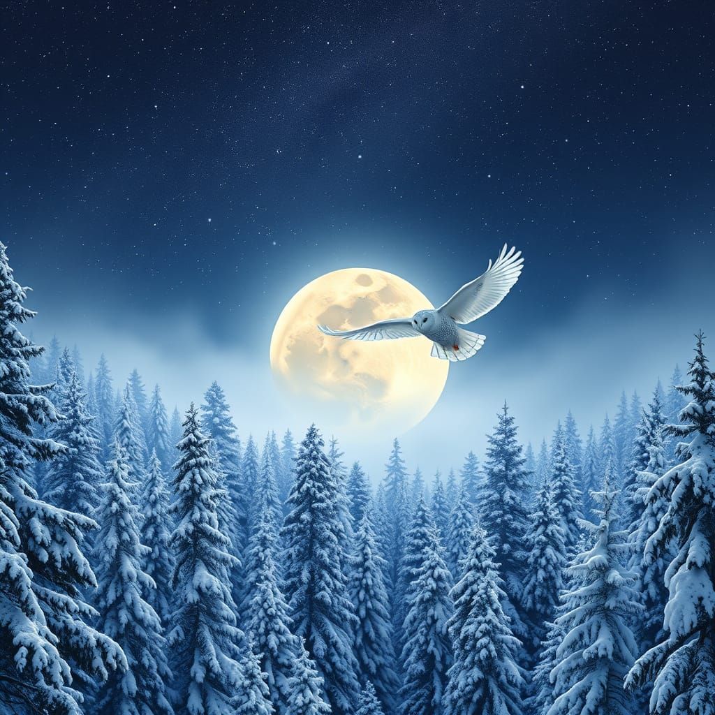 Ethereal Moonlit Alpine Forest with Majestic Snowy Owl in Fl...