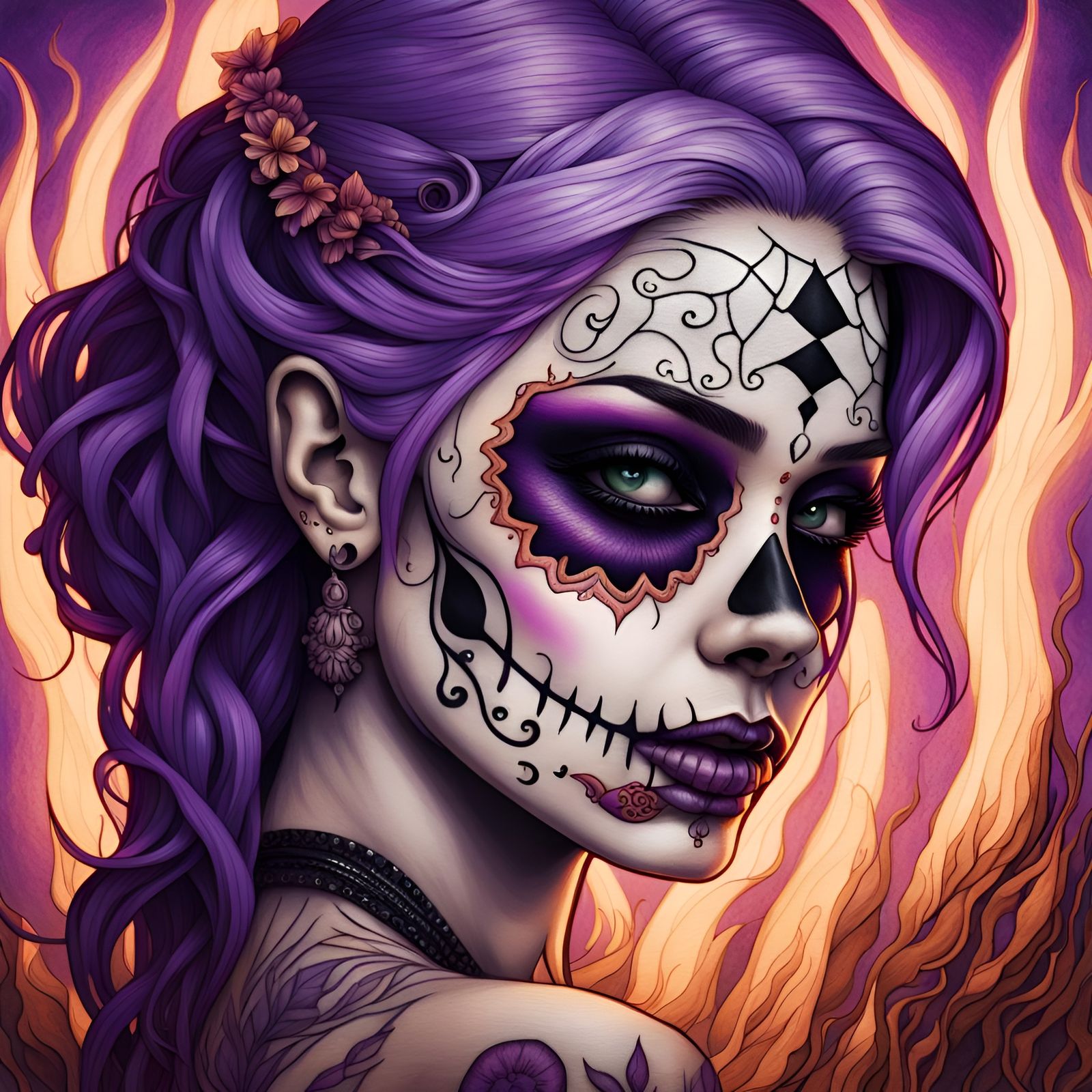 Day of the Dead Pyrography with Purple Flames