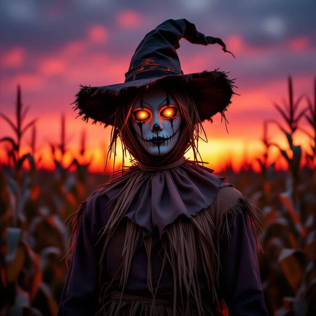 Photorealistic Horror Scarecrow in Blood-Red Cornfield