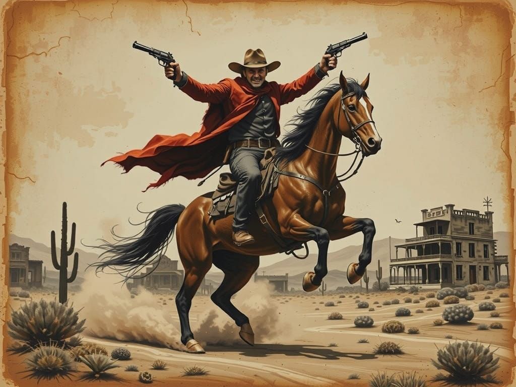 Rugged Outlaw Leaps from Galloping Horse in Desolate Wastela...