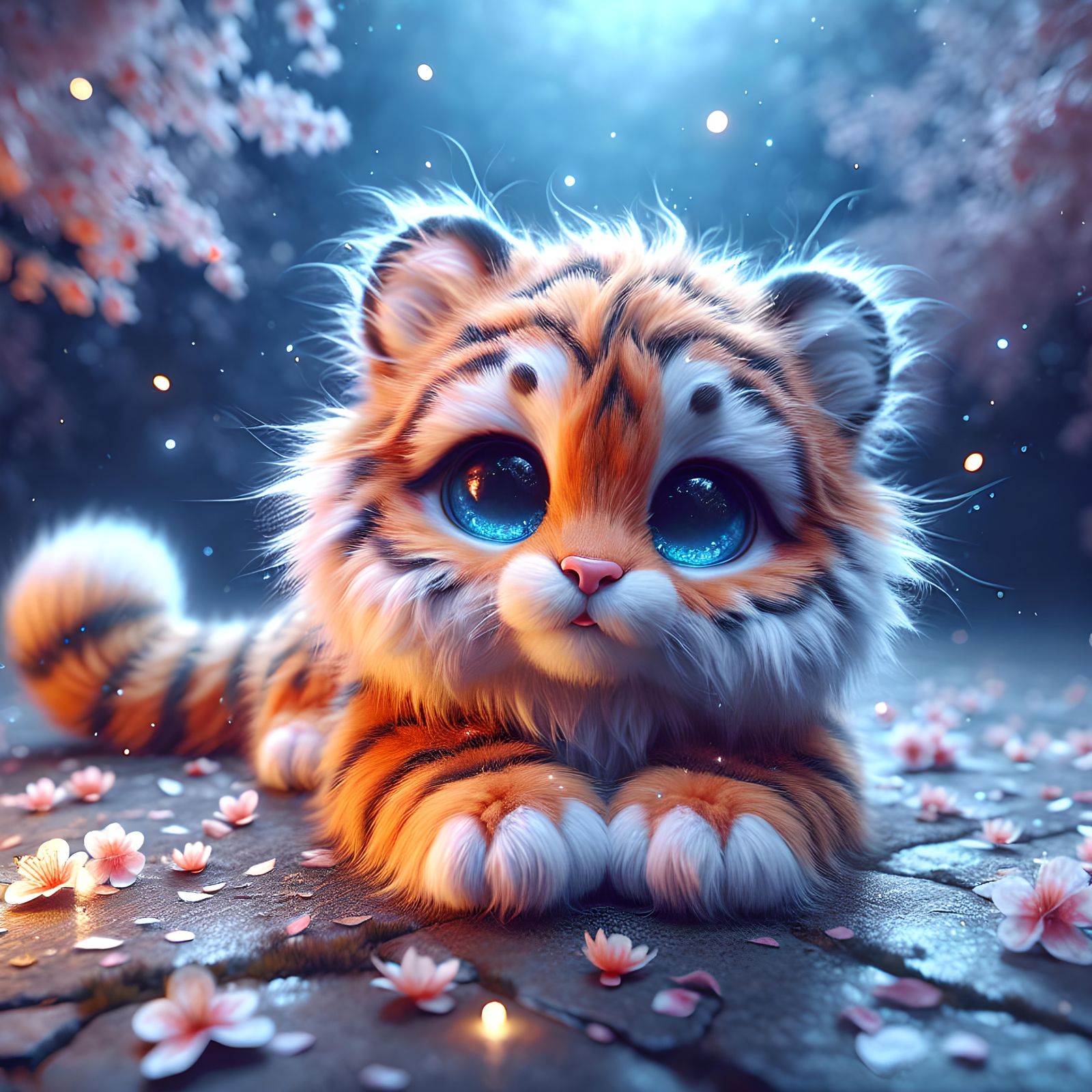 Adorable Tiger with Fireflies and Sakura Petals