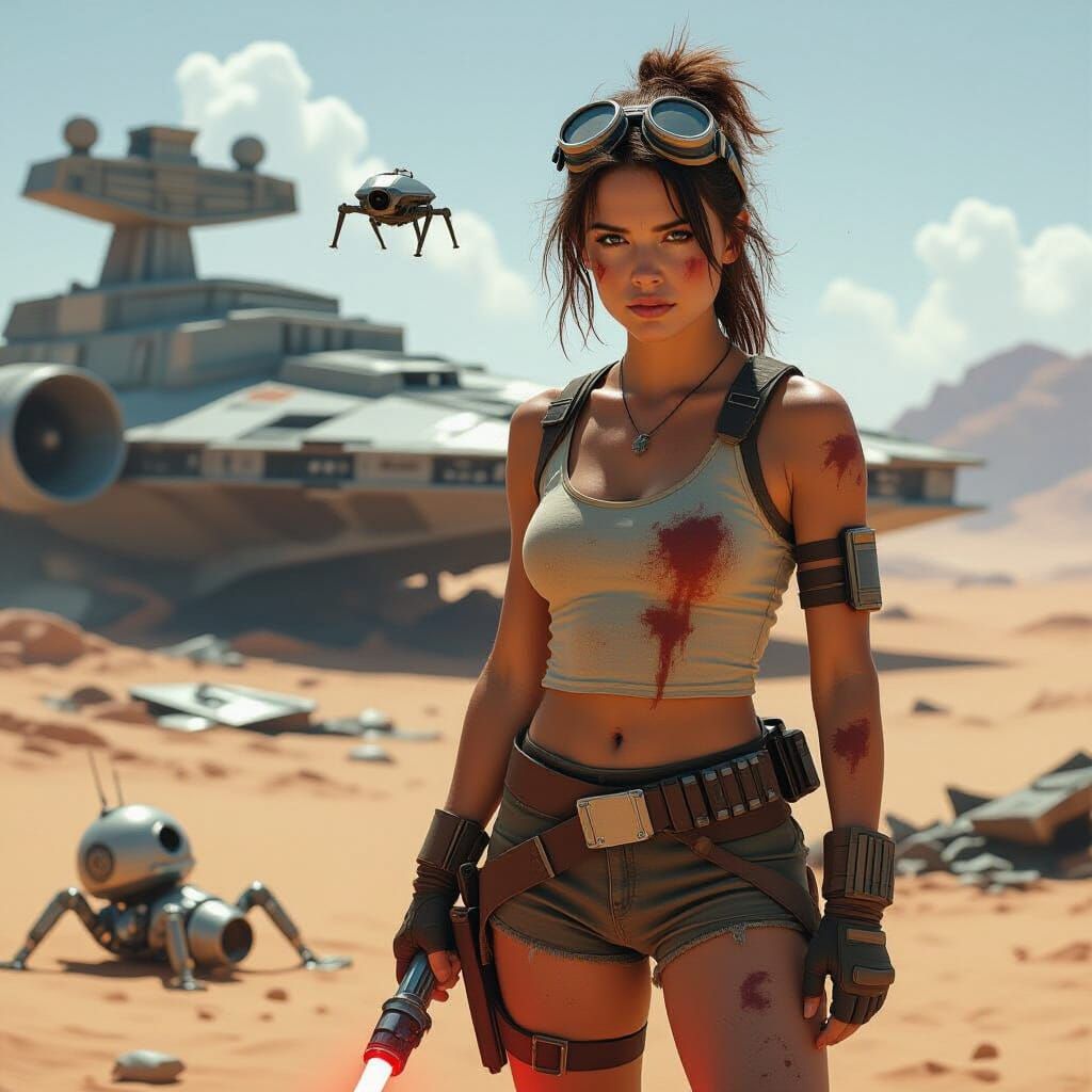 Rey, Scavenger on Desert Planet in Sci-Fi Style