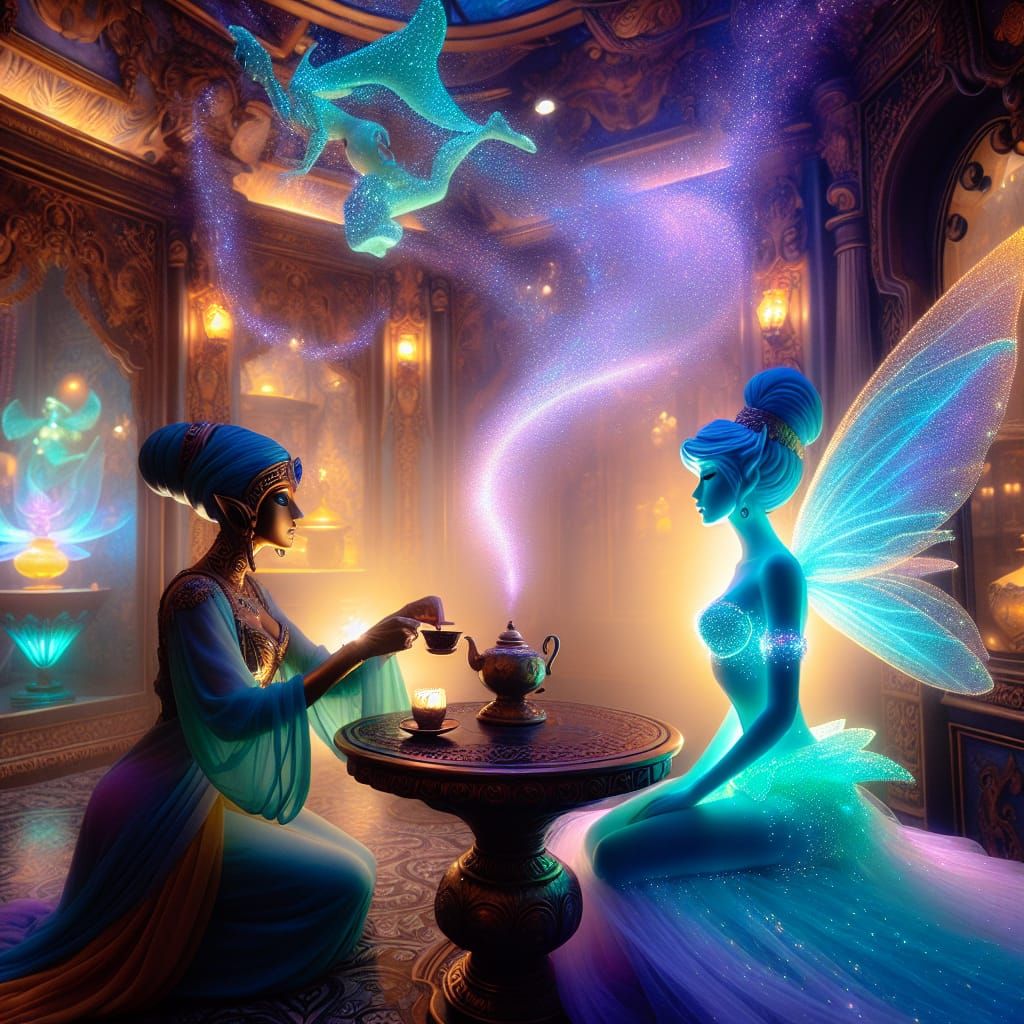 Ethereal Genie Serves Tea to Fairy in Cafe