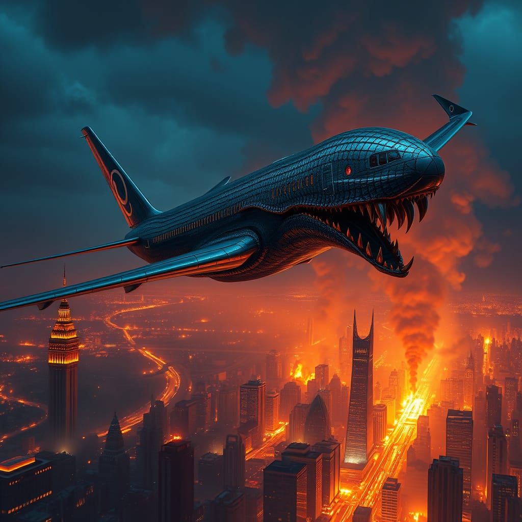 Mutated Boeing 787 Soars Over Burning Metropolis