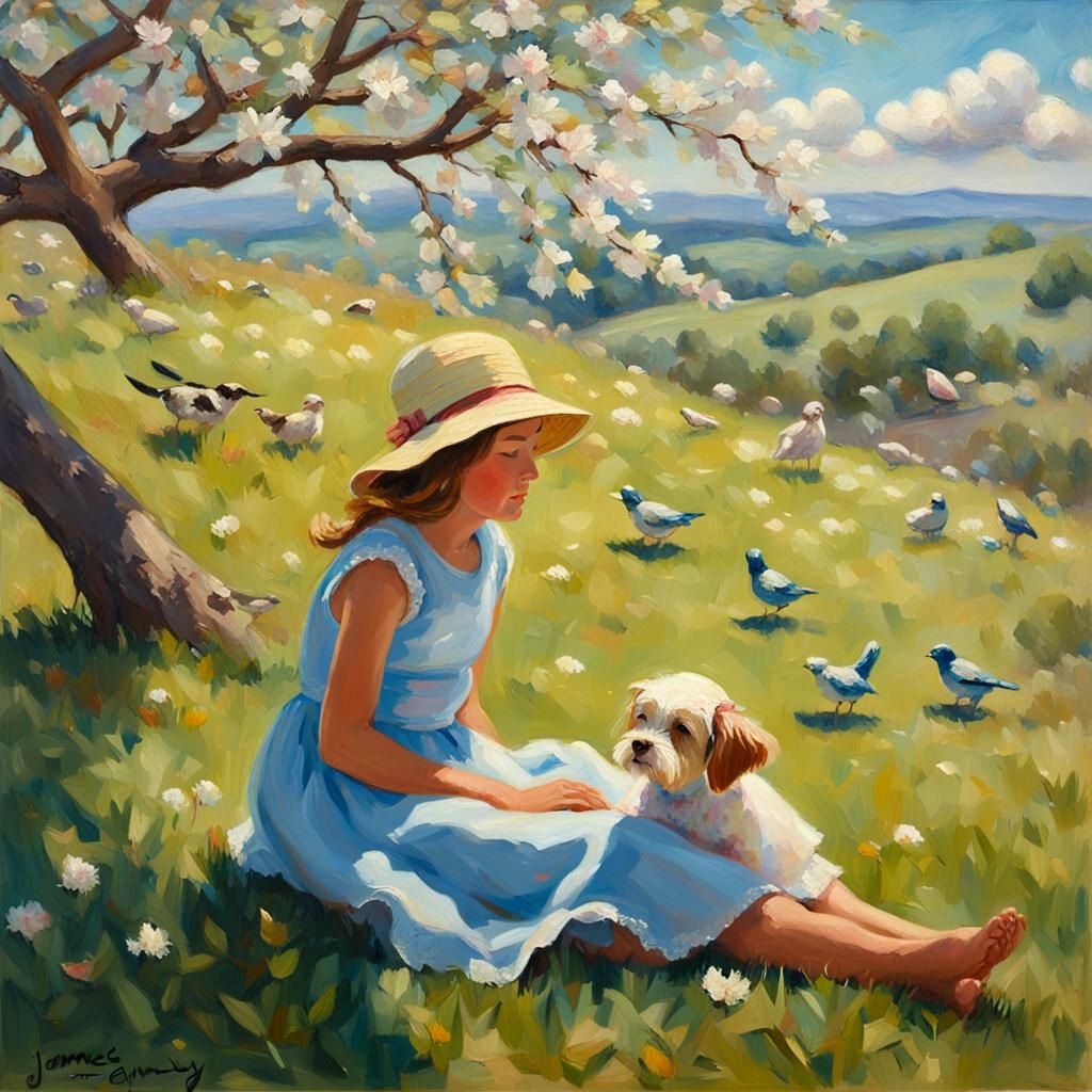 Girl with Dog in Impressionistic Landscape
