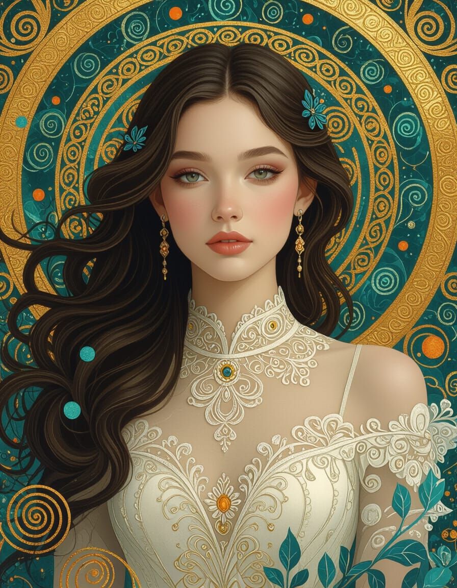 Elegant Woman Portrait with Golden Spirals in Surreal Dreams...