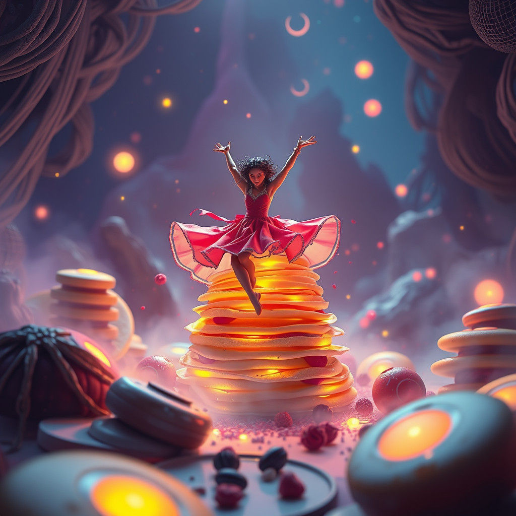 Surreal Whimsy: Dancer Twirls Amidst Glowing Pancakes
