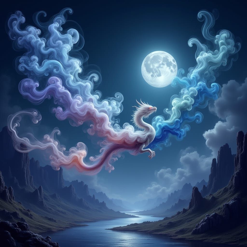 Ethereal Smoke Dragon Soars Over Moonlit Valley