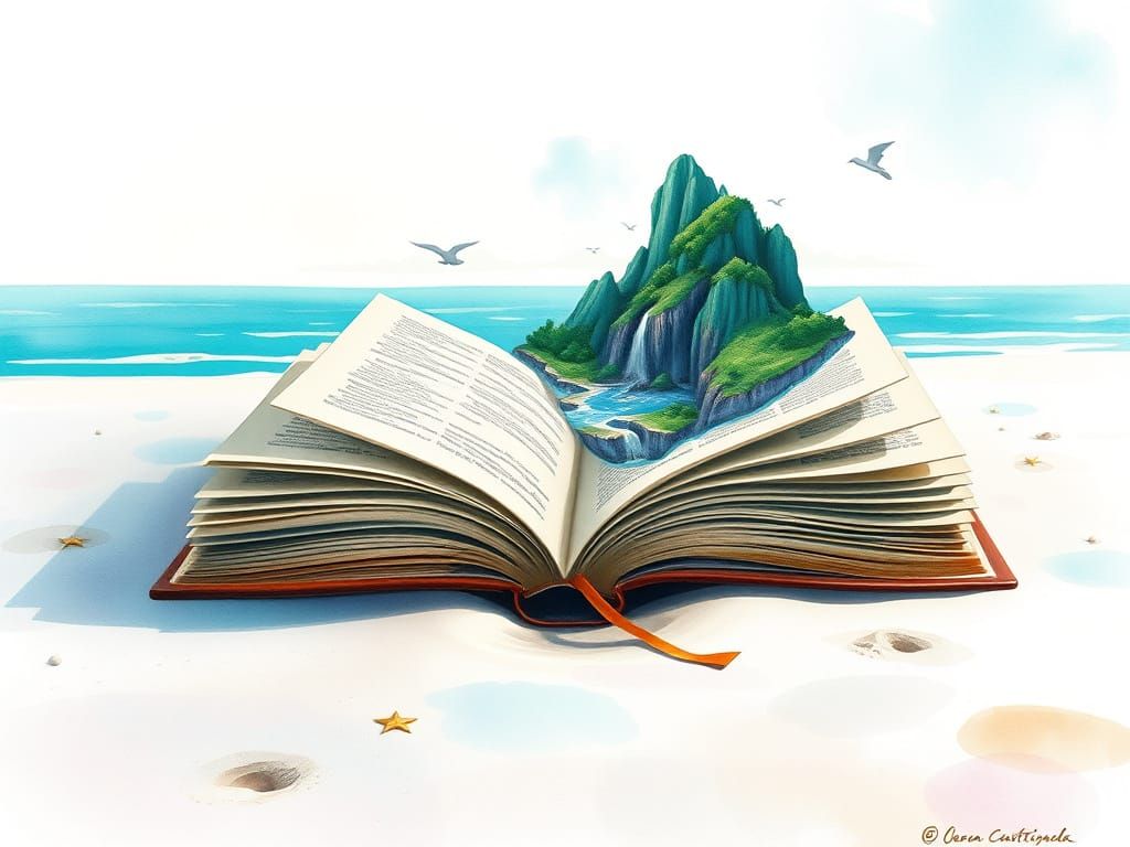 Fantastical Island Emerges from Ancient Book, Watercolor