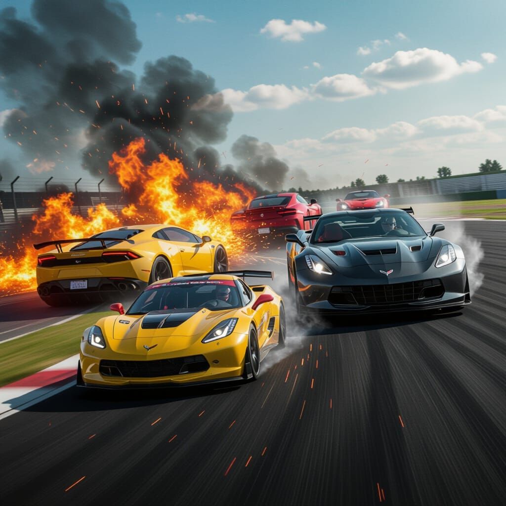 Double Exposure Sports Car Race with Fire and Smoke