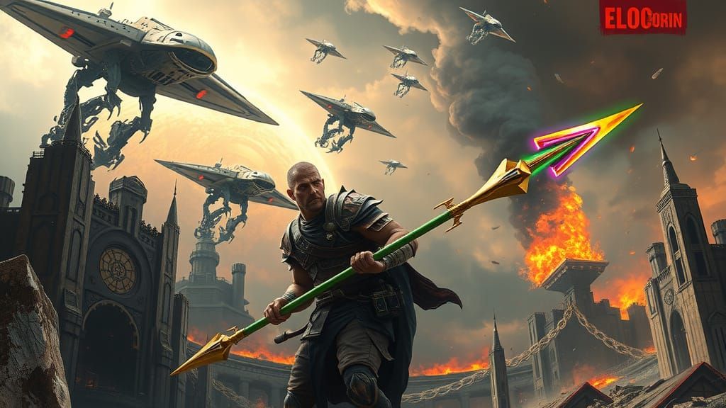 Warrior Stands Resolute Amidst Eldorian Ruins in Cyberpunk A...