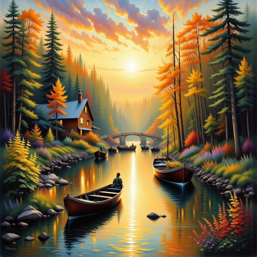 River Life at Golden Hour in Wet Watercolor Style