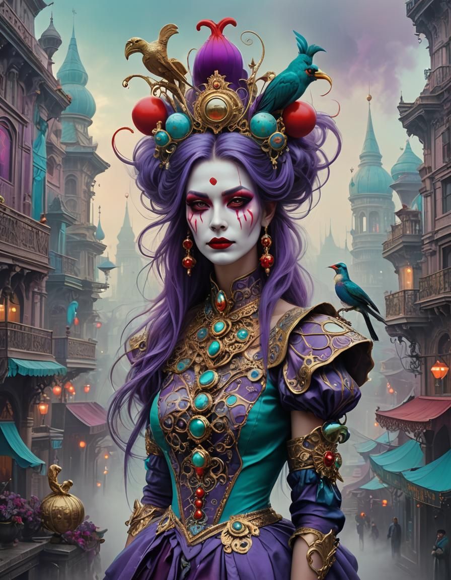 Futuristic Jester in Dream City, Digital Matte Painting