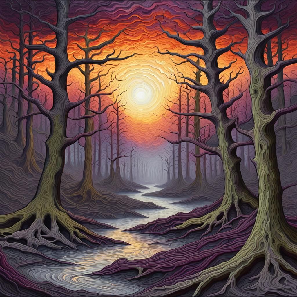 Dead Forest Sunrise in Expressionist Style