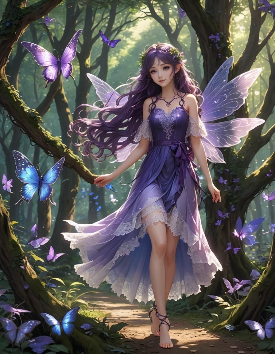 Purple-Haired Fairy in Magical Forest: Anime Art