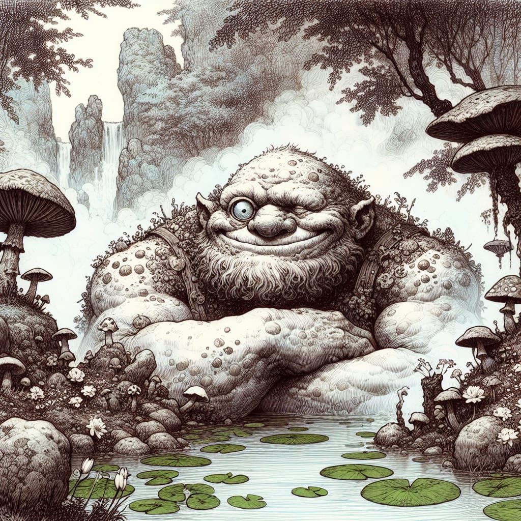 Ethereal Cyclops Beside Whimsical Mountain Pond