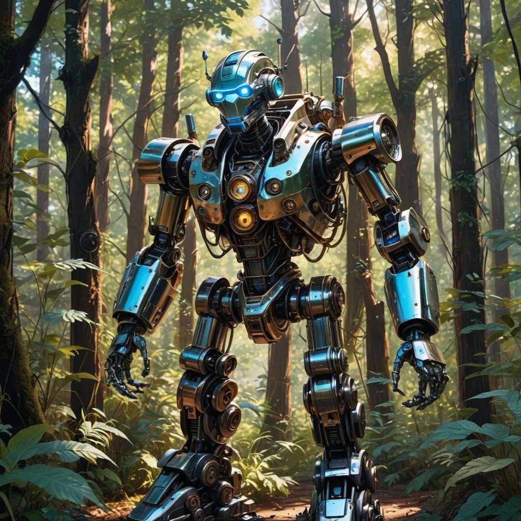 Robot in Overgrown Forest: Retro-Futuristic Digital Art