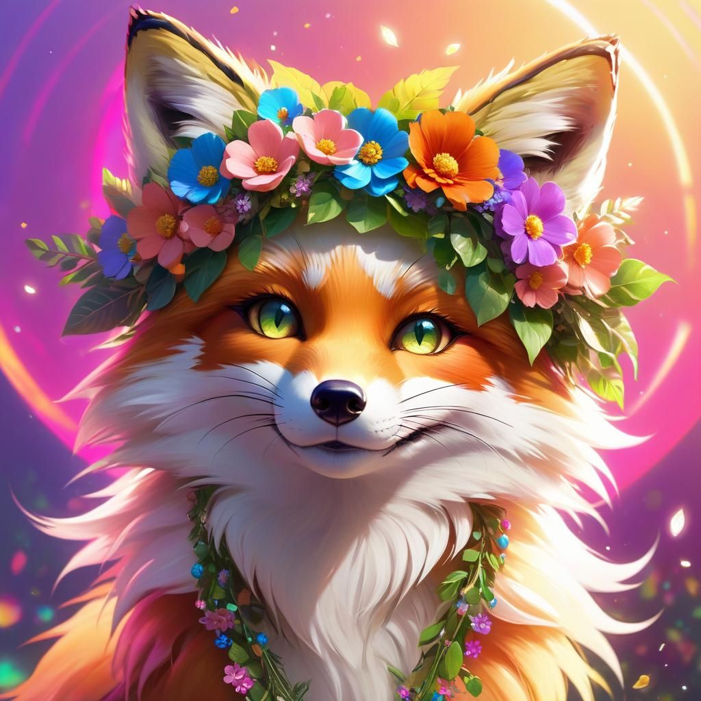 Cute Fox Portrait with Flower Crown