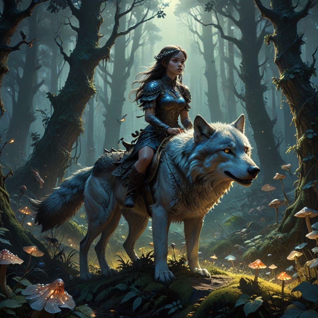 Young Girl Rides Wolf Through Mystical Forest in Dark Fantas...
