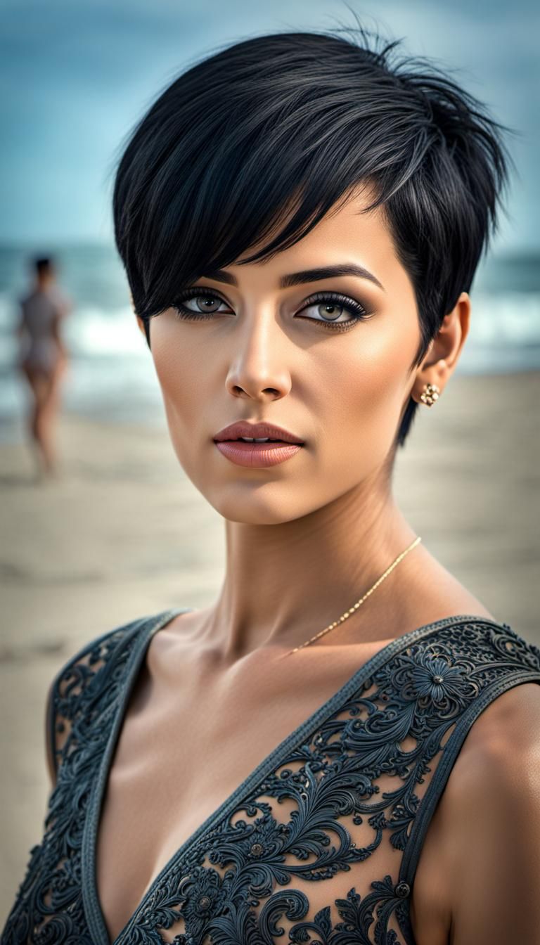 Hyperrealistic Woman with Short Hair on Beach