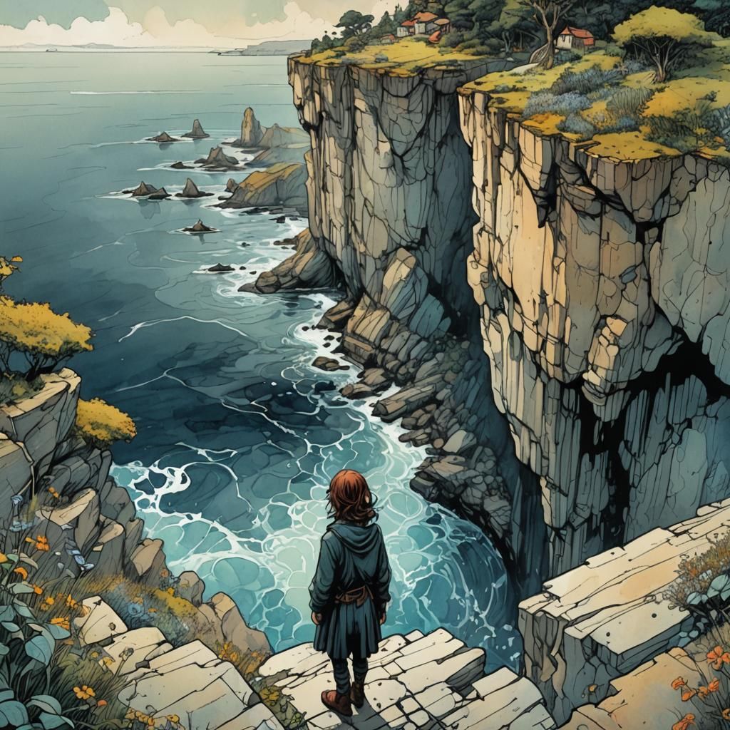 Seaside Cliff Edge Digital Illustration with Ink and Waterco...