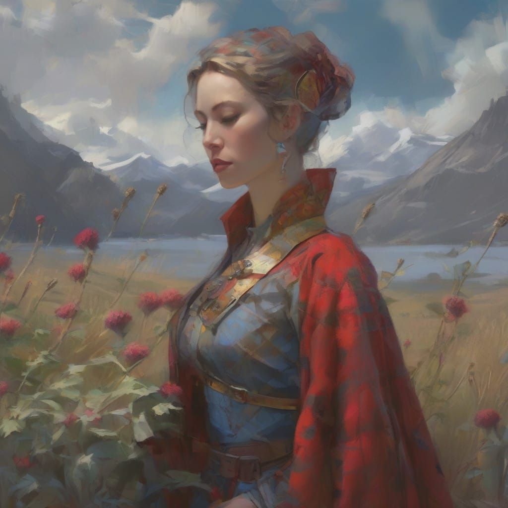 Resolute Woman in Tartan Coat, Amidst Stormy Countryside