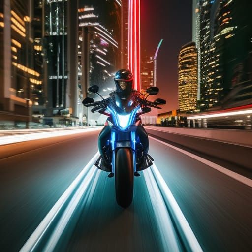 Cyberpunk Biker Races Through Future City