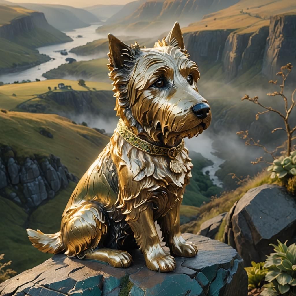 Golden Westie Sculpture Overlooking Misty Valley