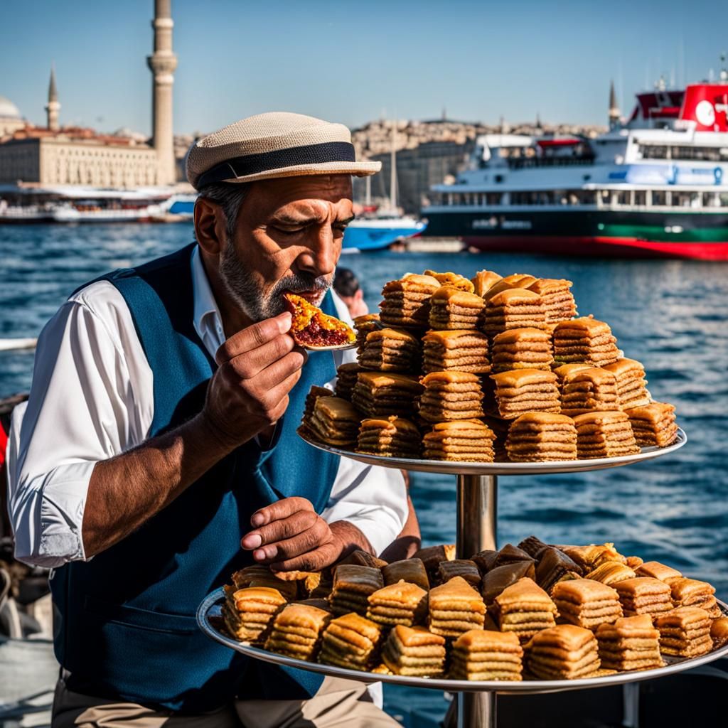 Man Enjoys Baklava at Eminönü Ferry Terminal