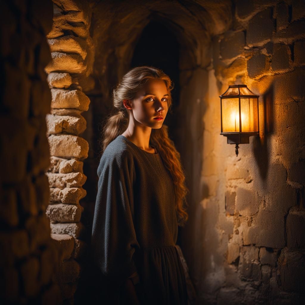 Dreamy Oil Painting of Woman in Haunted Castle